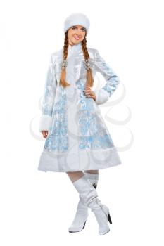 Pretty smiling woman posing in a suit of snow maiden. Isolated on white

