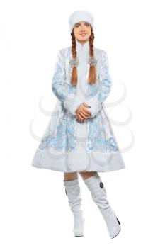 Young beautiful lady posing in a suit of snow maiden. Isolated on white
