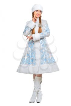 Young playful woman in a suit of snow maiden. Isolated on white
