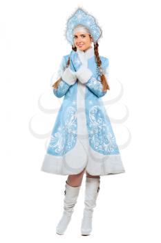 Attractive young woman wearing blue suit of snow maiden. Isolated on white
