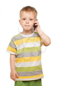 Funny little boy posing with mobile phone. Isolated on white
