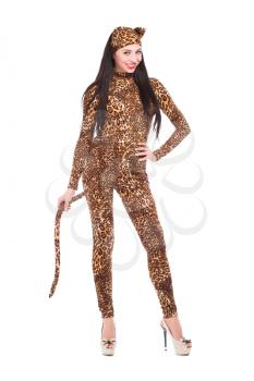 Smiling young woman wearing like a leopard. Isolated on white