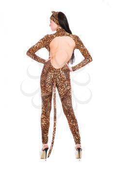Amazing young woman posing in leopard suit. Isolated on white