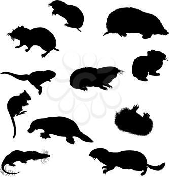 Collection of beaver and other rodents silhouettes. Vector illustration.