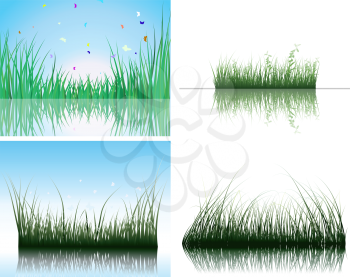Vector grass silhouettes backgrounds set with reflection in water. All objects are separated.
