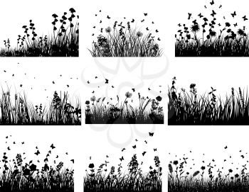 Vector grass silhouettes backgrounds set. All objects are separated.