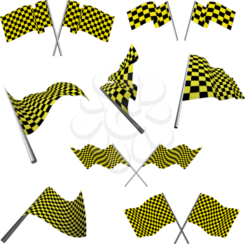 Yellow and black checked racing flags set. Vector illustration. 