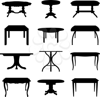 Collection of different tables silhouettes. Vector illustration.