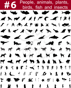 Set # 6. Big collection of collage vector silhouettes of people, animals, birds, fish, flowers and insects