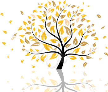 Autumn tree with falling down leaves. Vector illustration.