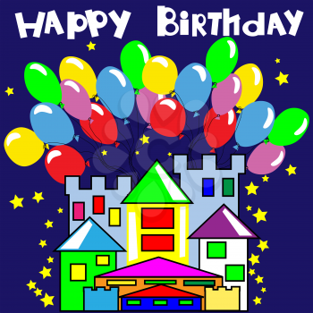 Happy birthday card with castle. Vector illustration.