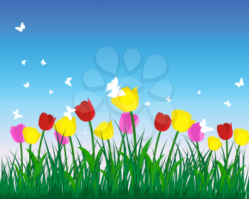 Meadow background with tulips. All objects are separated. Vector illustration.