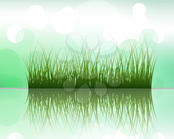 Vector grass silhouettes on blurred background with reflection in water . All objects are separated.