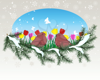 Winter background with oval window and grass silhouettes background. All objects are separated.