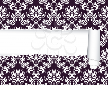 Damask seamless vector pattern with ripped copy-space for your text.  For easy making seamless pattern just drag ornate group into swatches bar, and use it for filling any contours.