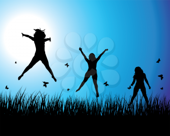 Ladies on  meadow. All objects are separated. Vector illustration.