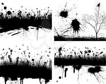 Abstract grunge background set with grass and flowers. Vector illustration; 