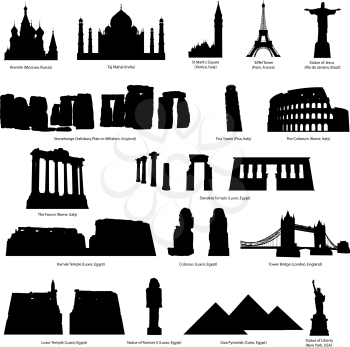 High Detail landmarks silhouette set with descriprion of title and place. Vector illustration.