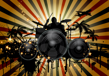 Musical retro grunge background with drummer. Vector illustration. EPS 10 with transparency.