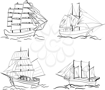 Set of sketch sailing vessel. Vector illustration. 