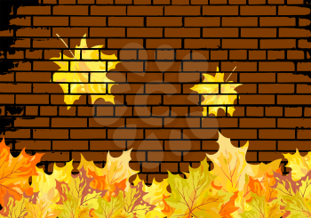 Autumn maple leaves on brick wall  background. Vector illustration