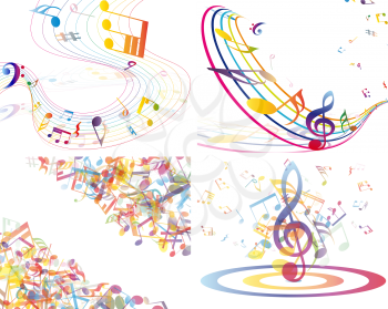 Multicolour  musical notes staff background. Vector illustration with transparency EPS10.