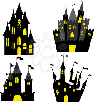 Set of halloween black castle with yellow windows. Vector illustration.