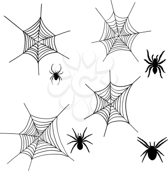 Set of halloween black spider with nets. Vector illustration.