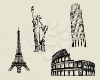 Set of European an American sketch landmark. EPS 8 vector illustration.