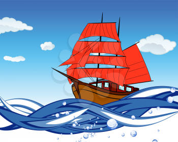 Sailboat with scarlet sail in a waves. EPS 8 vector illustration.
