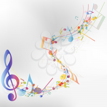 Multicolor musical note staff background. Vector illustration EPS 10 with transparency and mesh.