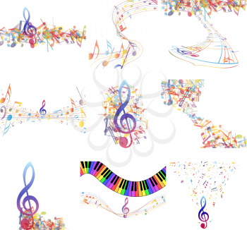 Multicolour  musical notes staff set. Vector illustration with transparency EPS10.
