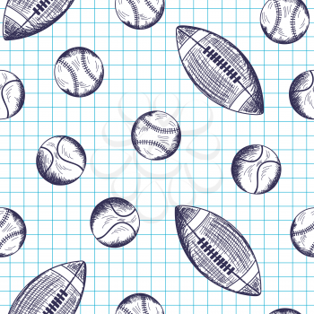 Seamless pattern with hand drawn different sport balls on checkered copybook background