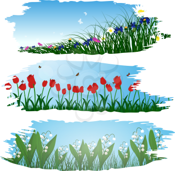 Set of three brushstroke frames with flower meadow background.