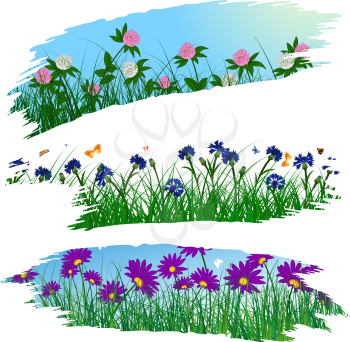 Set of three brushstroke frames with flower meadow background.