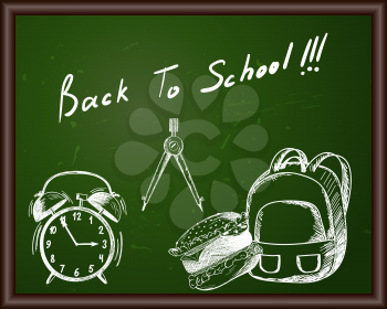 Blackboard with Back to school title and sketch drawing.