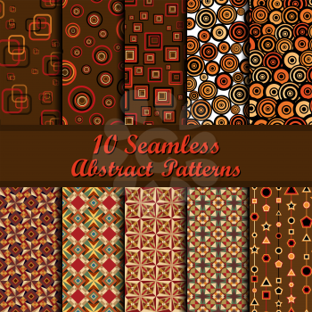 Set of ten geometrical shapes seamless patterns. 