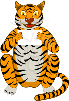 Funny Cartoon Character Tiger Sitting  on a Floor and Holding White Sheet in Hands Over White Background. Hand Drawn in Front View Elegant Cute Design. Vector illustration. 