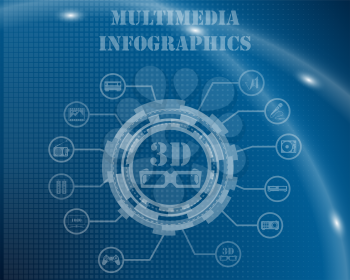 Multimedia Infographic Template From Technological Gear Sign, Lines and Icons. Elegant Design With Transparency on Blue Checkered Background With Light Lines and Flash on It. Vector Illustration.   