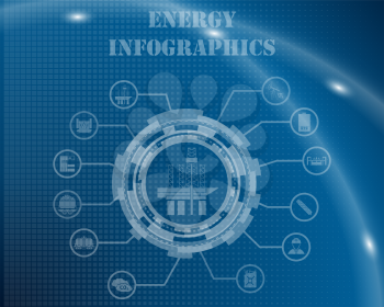 Energy Infographic Template From Technological Gear Sign, Lines and Icons. Elegant Design With Transparency on Blue Checkered Background With Light Lines and Flash on It. Vector Illustration.   