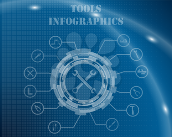 Tools Infographic Template From Technological Gear Sign, Lines and Icons. Elegant Design With Transparency on Blue Checkered Background With Light Lines and Flash on It. Vector Illustration.   