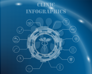 Clinic Infographic Template From Technological Gear Sign, Lines and Icons. Elegant Design With Transparency on Blue Checkered Background With Light Lines and Flash on It. Vector Illustration.   