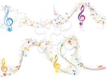 Set of Musical Design Elements From Music Staff With Treble Clef And Notes in Multicolor Style With Transparency. Elegant Creative Design With Shadows Isolated on White. Vector Illustration.