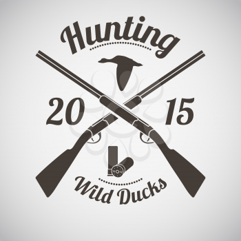 Hunting Vintage Emblem. Cross Hunting Gun With Ammo and Flying Duck Silhouette. Suitable for Advertising, Hunt Equipment, Club And Other Use. Dark Brown Retro Style.  Vector Illustration. 
