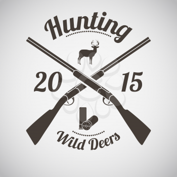Hunting Vintage Emblem. Cross Hunting Gun With Ammo and Deer Silhouette. Suitable for Advertising, Hunt Equipment, Club And Other Use. Dark Brown Retro Style.  Vector Illustration. 