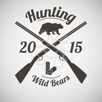 Hunting Vintage Emblem. Cross Hunting Gun With Ammo and Wild Bear Silhouette. Suitable for Advertising, Hunt Equipment, Club And Other Use. Dark Brown Retro Style.  Vector Illustration. 