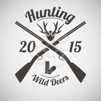 Hunting Vintage Emblem. Cross Hunting Gun With Ammo and Deer Antler Silhouette. Suitable for Advertising, Hunt Equipment, Club And Other Use. Dark Brown Retro Style.  Vector Illustration. 