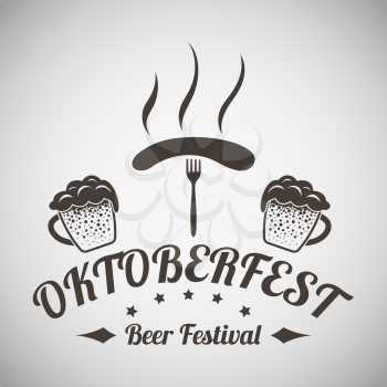 Oktoberfest Vintage Emblem. Two Mugs of Beer With Ears of Wheat and Fork With Sausage. Suitable for Advertising, Fest Attributes, Pub Equipment  And Other Use. Brown Retro Style.  Vector Illustration.