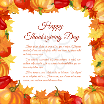 Thanksgiving Day Greeting Card With Text Space. Design Consist From Pumpkin, Pepper, Tomato, Maple Leaves Over White Background.  Very Cute and Warm Colors. Vector illustration. 