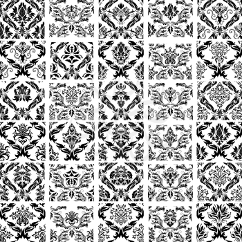 Set of Thirty Damask Seamless Vector Patterns.  Elegant Design in Royal  Baroque Style Background Texture. Floral and Swirl Elements. Ideal for Textile Print and Wallpapers. Vector Illustration.